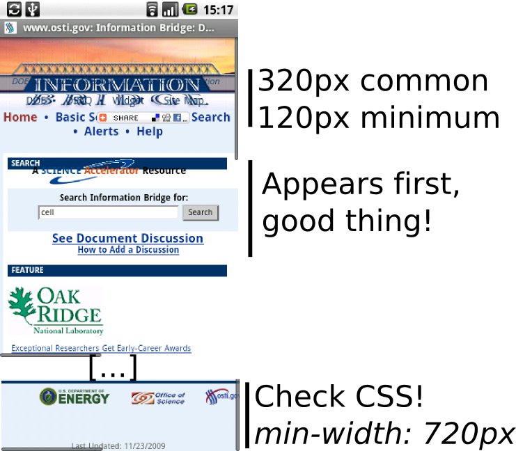 Looking at the home page of the OSTI bridge on a mobile device reveals that: some text overlap when viewed on a narrow screen, it's a good thing to display the input field before the explanation text, the CSS should not impose large sizes such as min-width: 720px in this page.