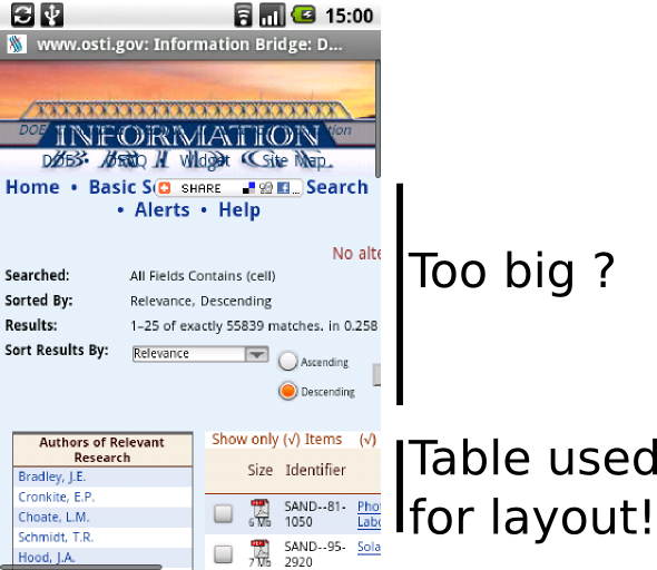 Looking at a results page of the OSTI bridge on a mobile device reveals that: the detailed field takes too much space on the screen and tables must never be used for layout.