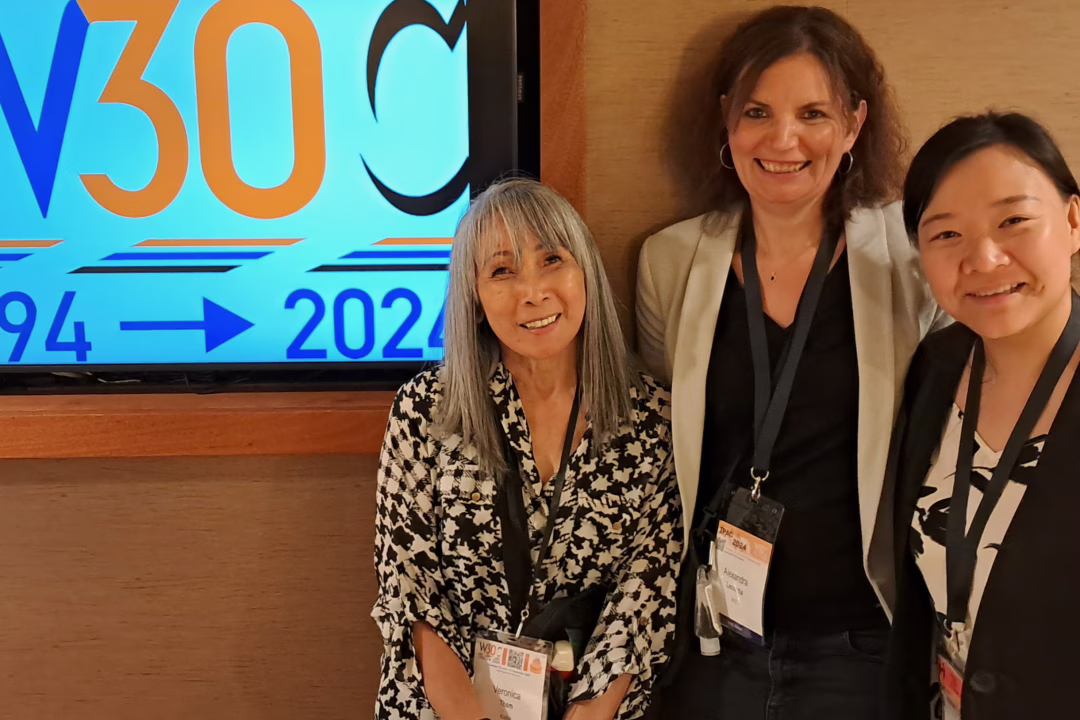 Portrait of three people next to a monitor with the W3C@30 logo.