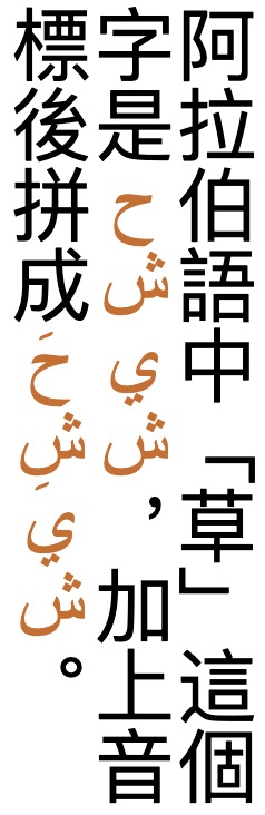阿拉伯語中「草」這個字是حشيش，加上音標後拼成حَشِيش。