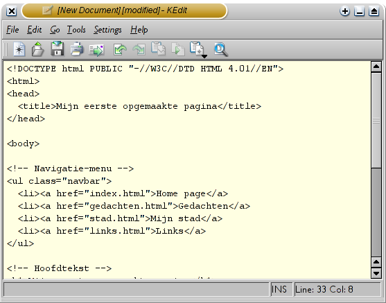 De HTML-broncode getoond in KEdit