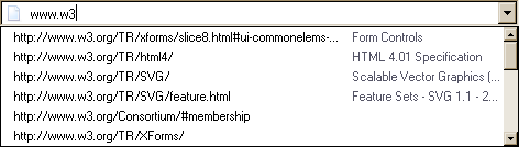 A text box with an icon on the left followed by the text "www.w3" and a cursor, with a drop down button on the right hand side; with, below, a drop down box containing a list of six URIs on the left, with the first four having grayed out labels on the right; and a scroll bar to the right of the drow down box, indicating further values are available.