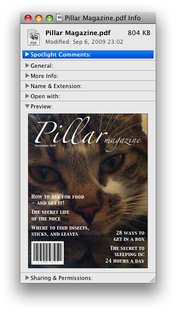 Screenshot of Mac OS information dialog for a PDF file. The dialog consists of a number of disclosure (summary/details) widgets, all bar one collapsed.