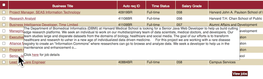 screen capture: Large div with 2 paragraphs obscuring job board table.