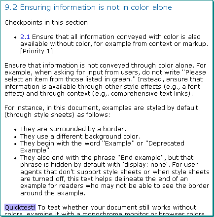 excerpt from http://dristachi.site/TR/WCAG10-CSS-TECHS/#style-info-not-in-color-alone
