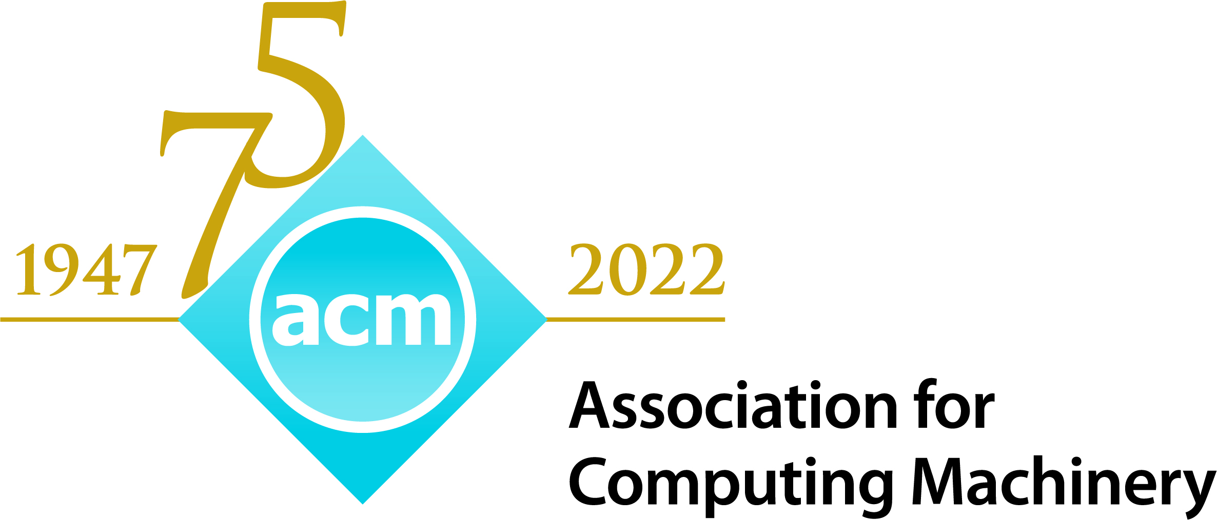 ACM logo: text: "ACM" in white a blue circle within a triangle; in black text: "Association for Computing Machinery"; numbers in gold at left: 1947, 75, 2022