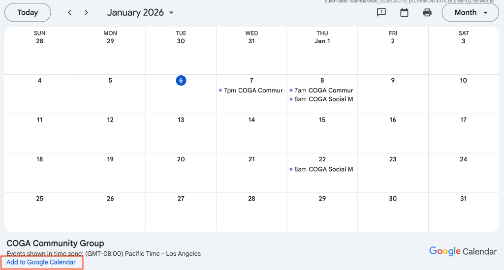 Full screen Google Calendar preview of the COGA Community Group Calendar. At the bottom of the page on the left hand side there is the title of the Calendar and a button labelled "Add to Google Calendar" which is highlighted with a red box